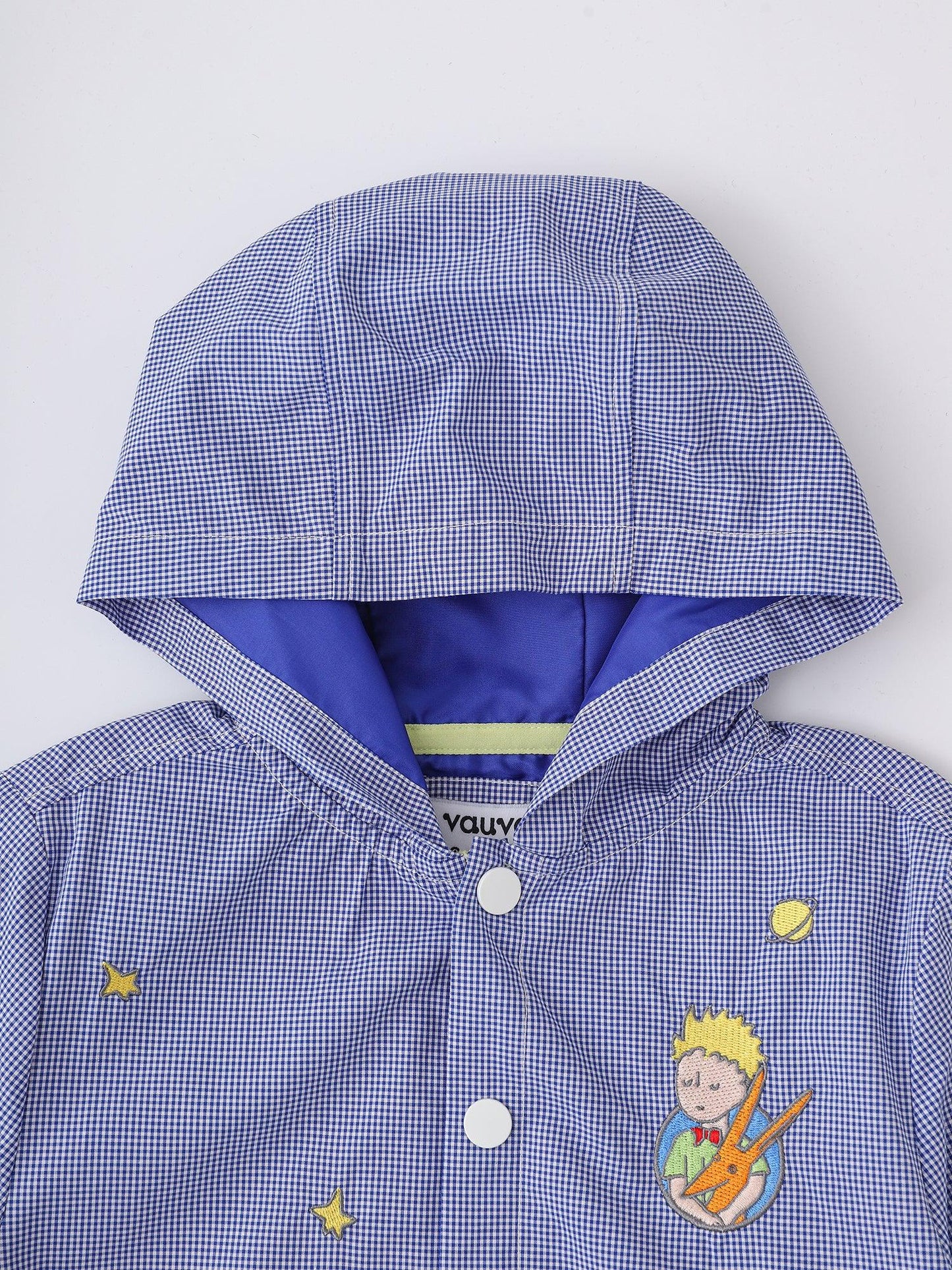 Kids Hooded Gingham Snap‑Front Jacket with Embroidery