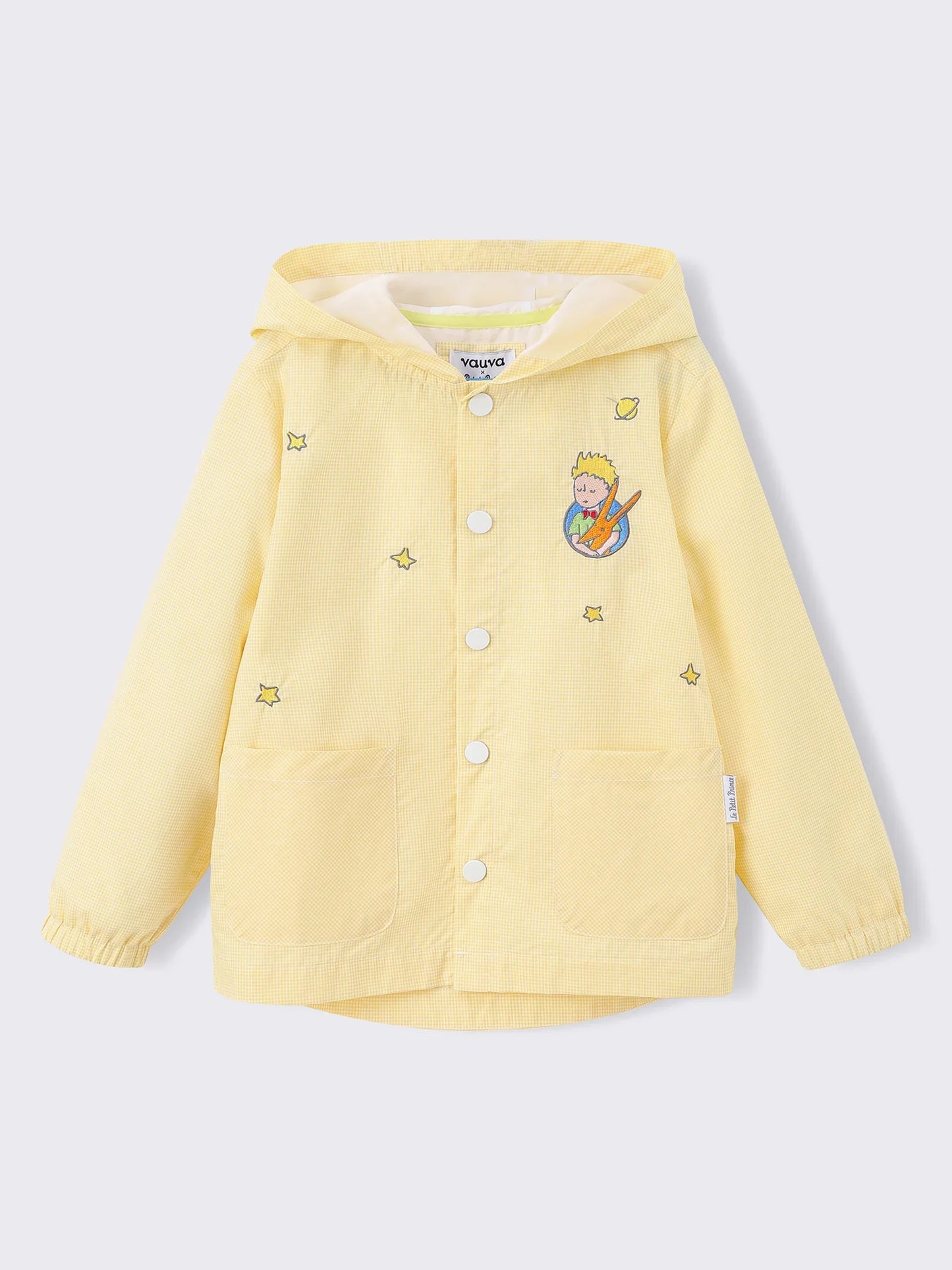 Kids Hooded Gingham Snap‑Front Jacket with Embroidery