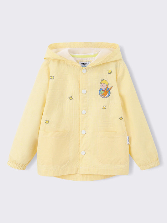 Kids Hooded Gingham Snap‑Front Jacket with Embroidery