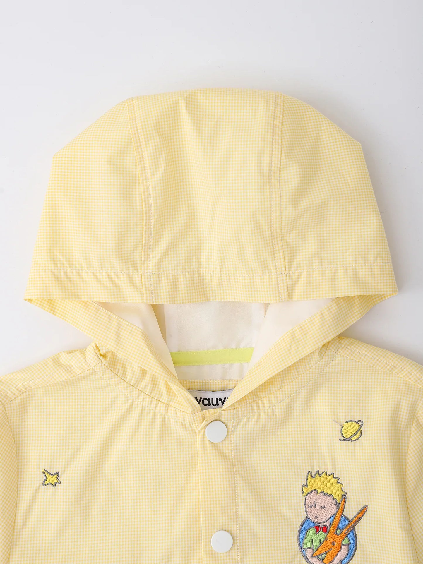 Kids Hooded Gingham Snap‑Front Jacket with Embroidery
