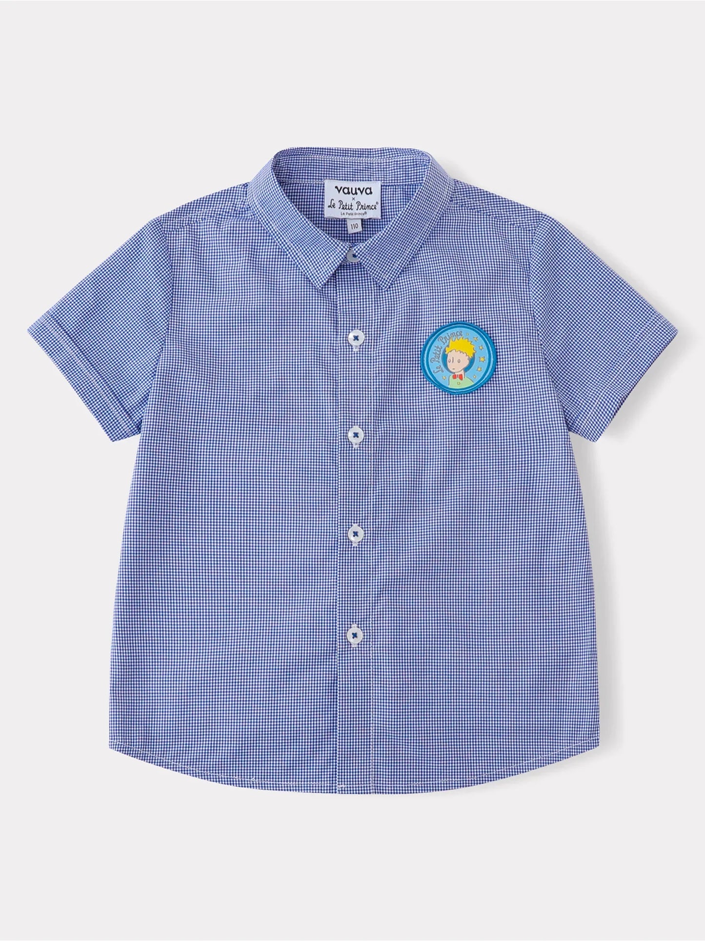Kids Gingham Short Sleeve Button‑Up Shirt with Patch Embroidery