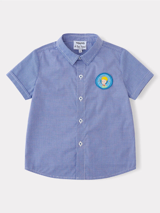 Kids Gingham Short Sleeve Button‑Up Shirt with Patch Embroidery