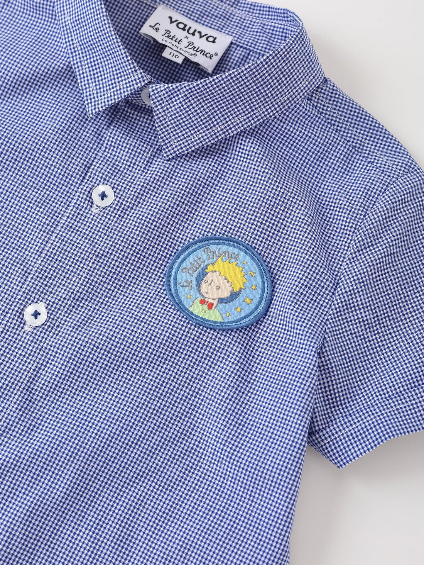 Kids Gingham Short Sleeve Button‑Up Shirt with Patch Embroidery