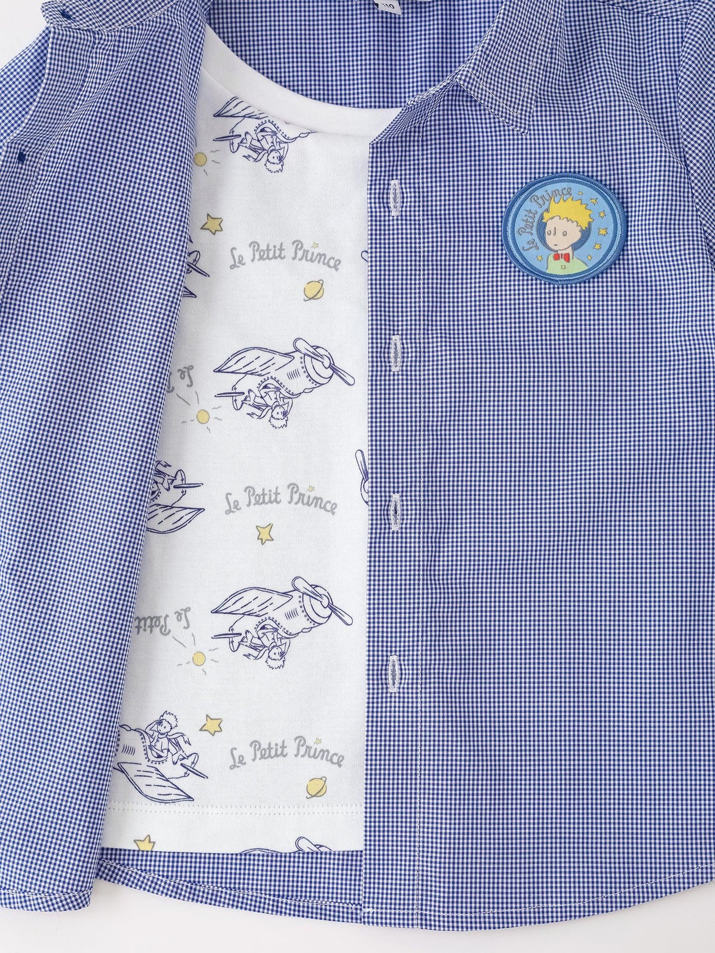 Kids Gingham Short Sleeve Button‑Up Shirt with Patch Embroidery
