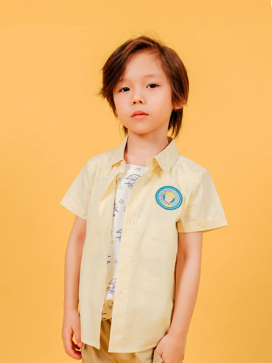 Kids Gingham Short Sleeve Button‑Up Shirt with Patch Embroidery