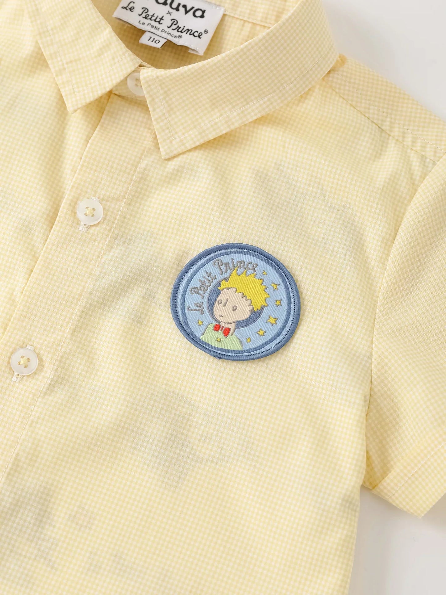 Kids Gingham Short Sleeve Button‑Up Shirt with Patch Embroidery