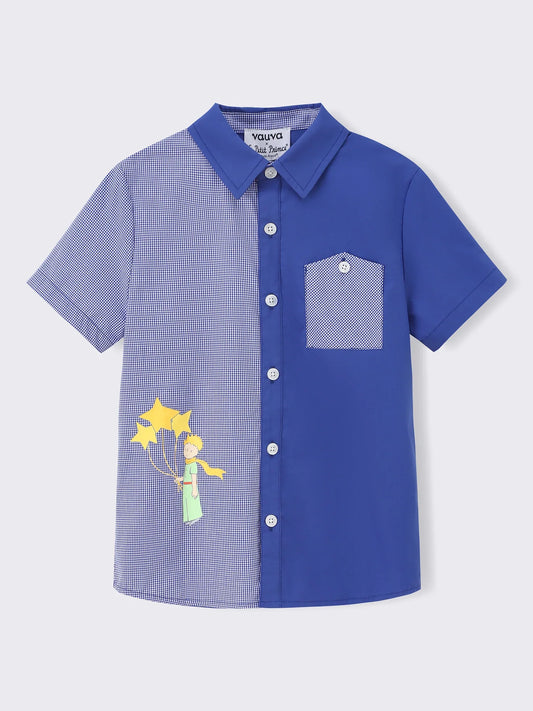 Kids Colorblock Short Sleeve Button‑Up Shirt with Embroidery