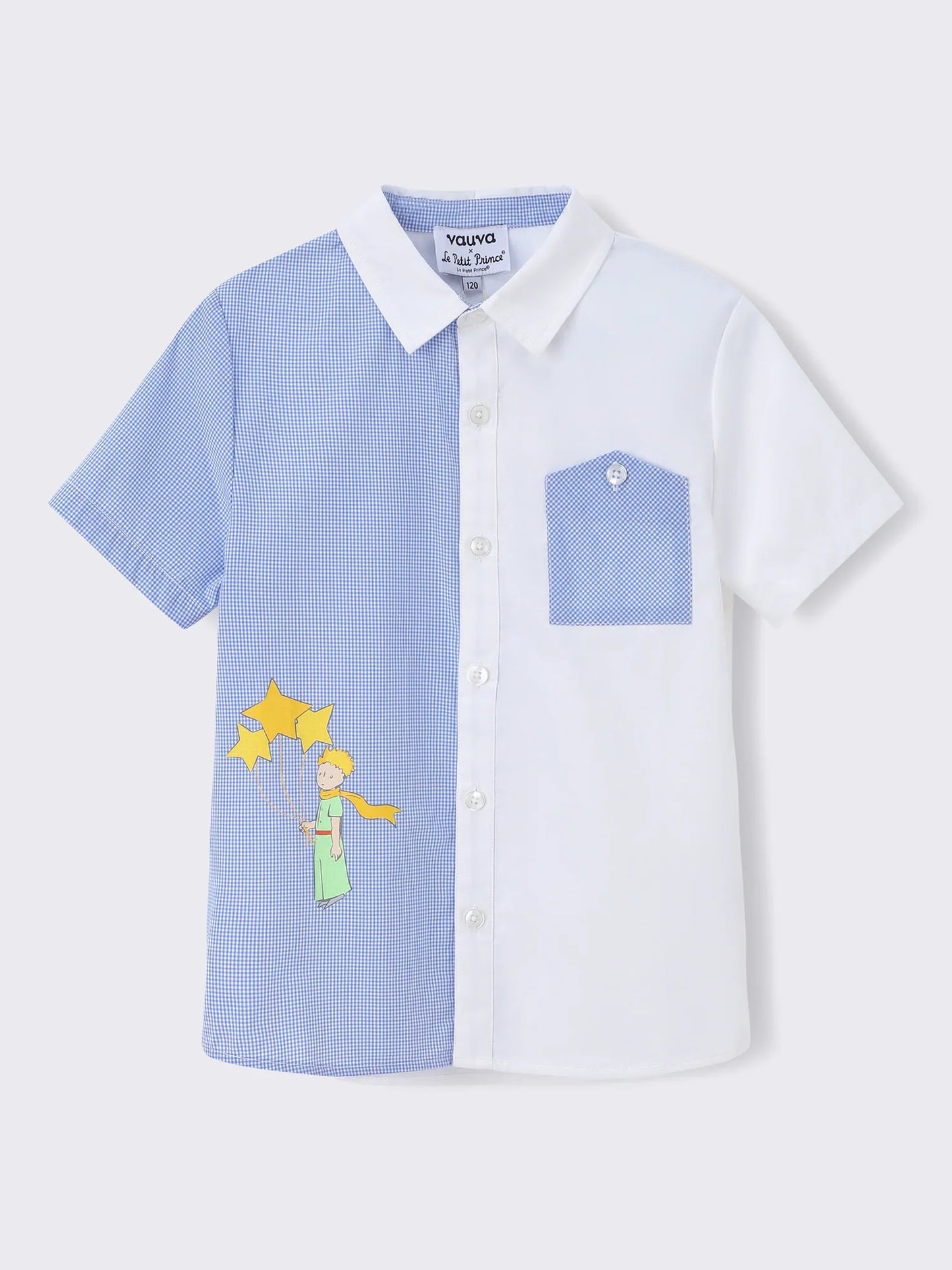Kids Colorblock Short Sleeve Button‑Up Shirt with Embroidery