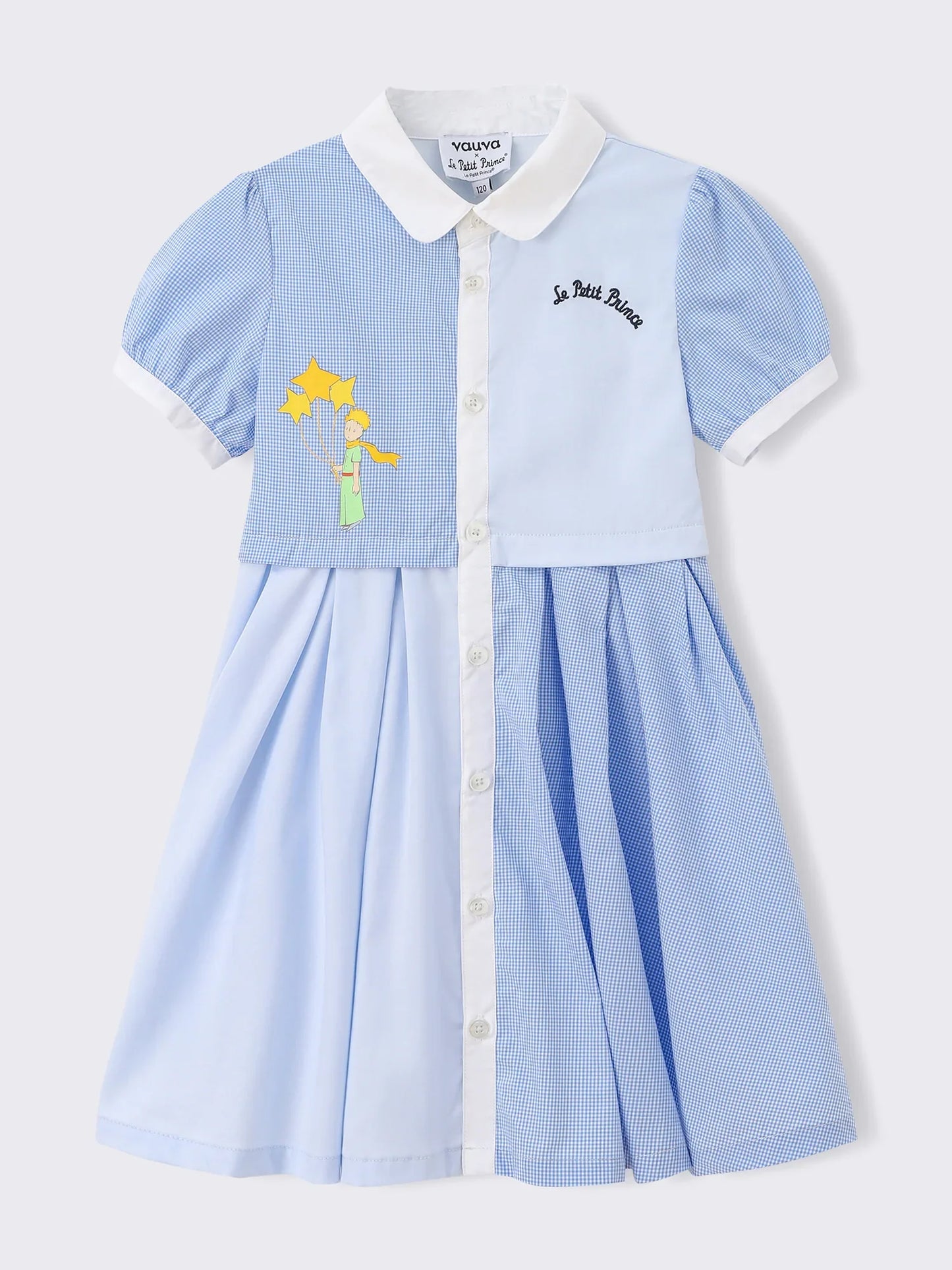 Kids Colorblock Gingham Shirt Dress with Embroidery