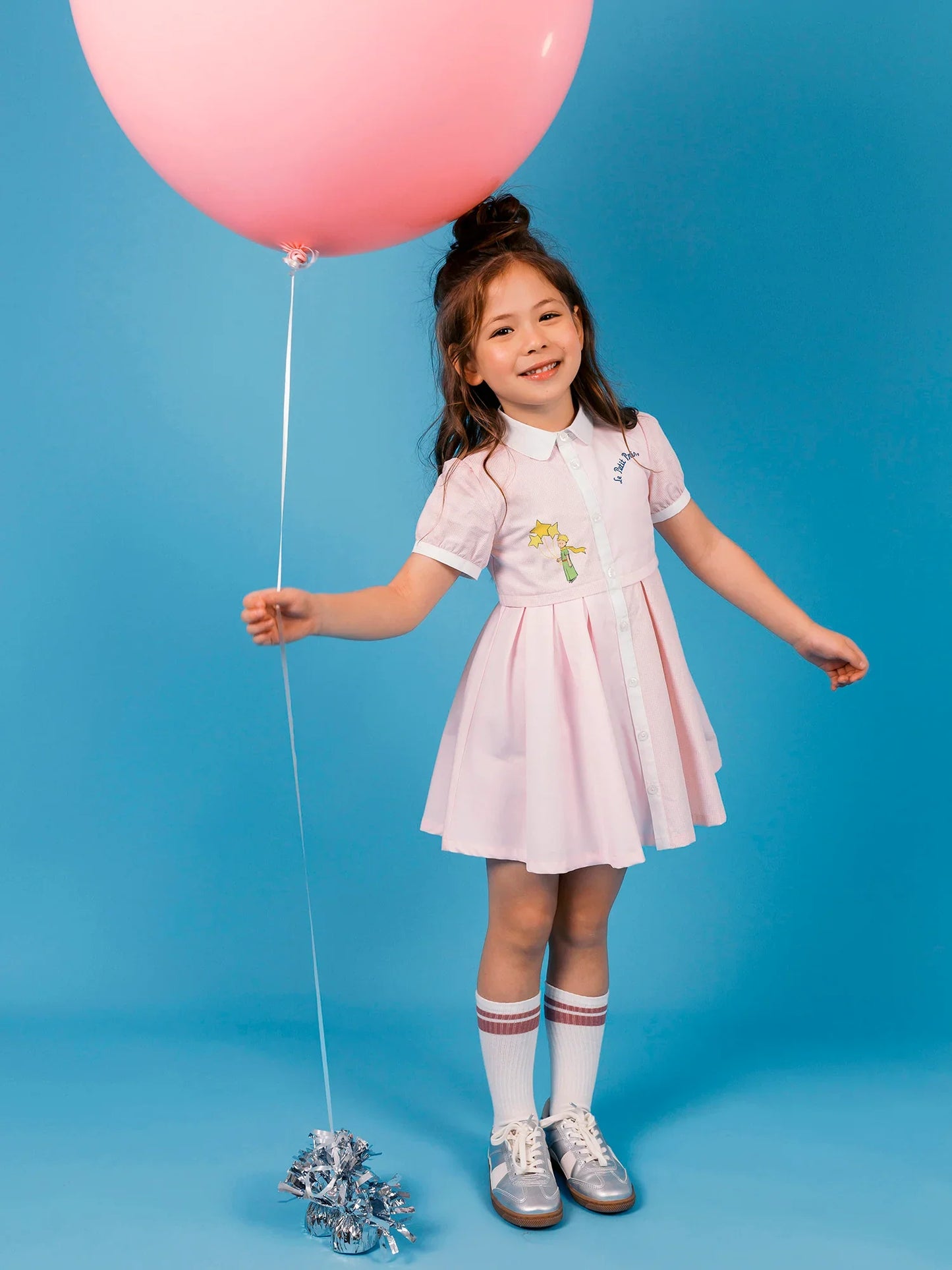 Kids Colorblock Gingham Shirt Dress with Embroidery