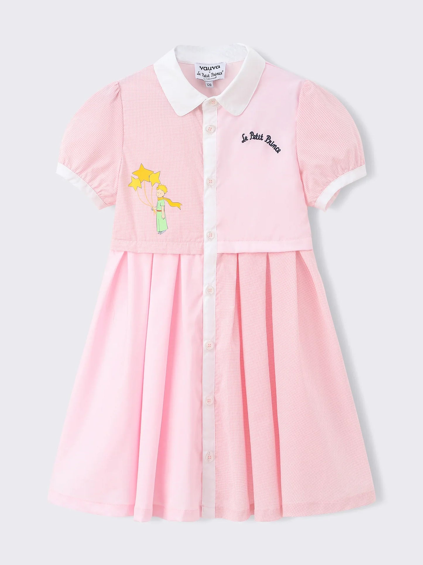 Kids Colorblock Gingham Shirt Dress with Embroidery