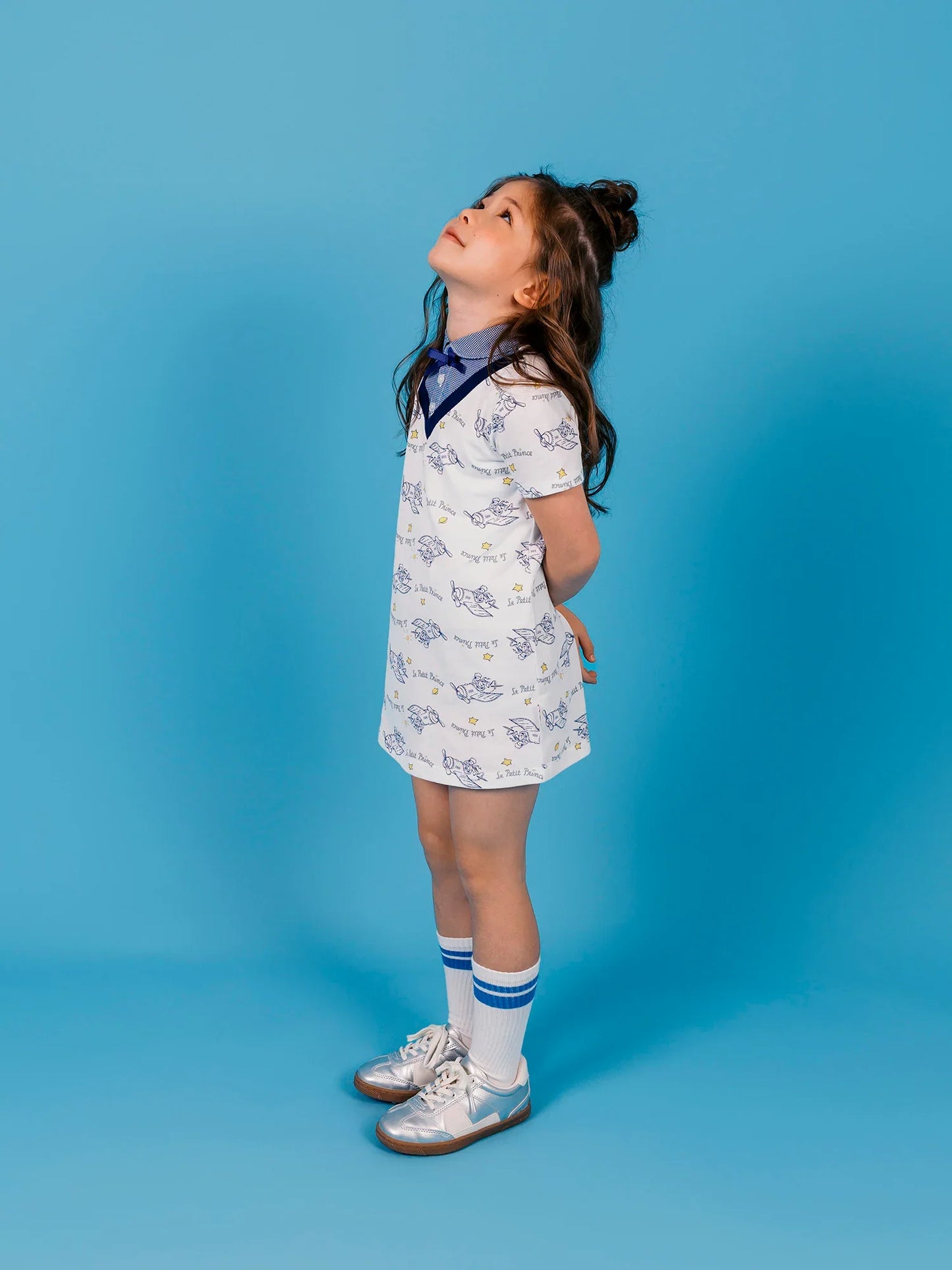 Kids V‑Neck Layered‑Look Polo Dress with All‑Over Print