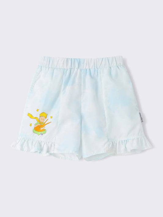 Kids Cloud Print Ruffle Hem Pull‑On Shorts with Illustration