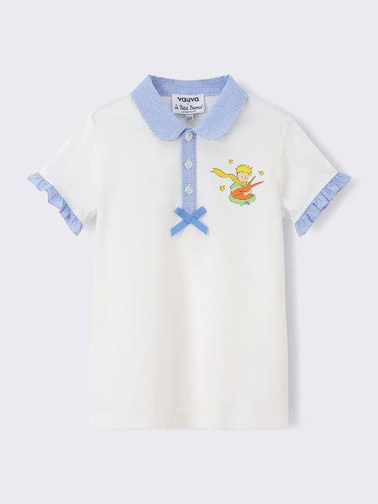 Kids Peter Pan Collar Embroidered Polo Top with Bow