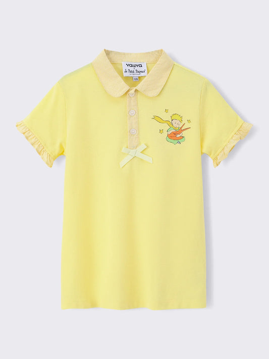 Kids Peter Pan Collar Embroidered Polo Top with Bow