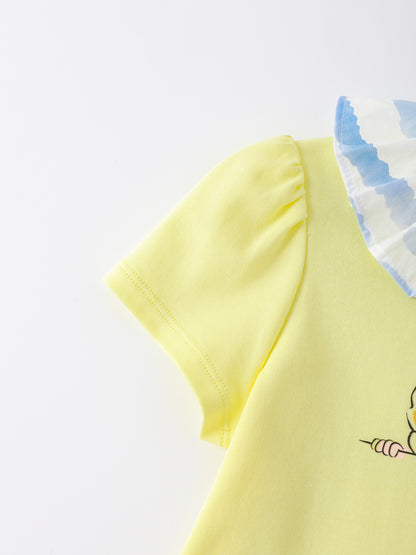 Girls Pleated Collar Print Tee