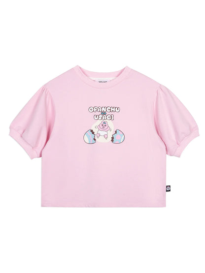 Puff‑Sleeve Egg Pop Pink Graphic T‑Shirt
