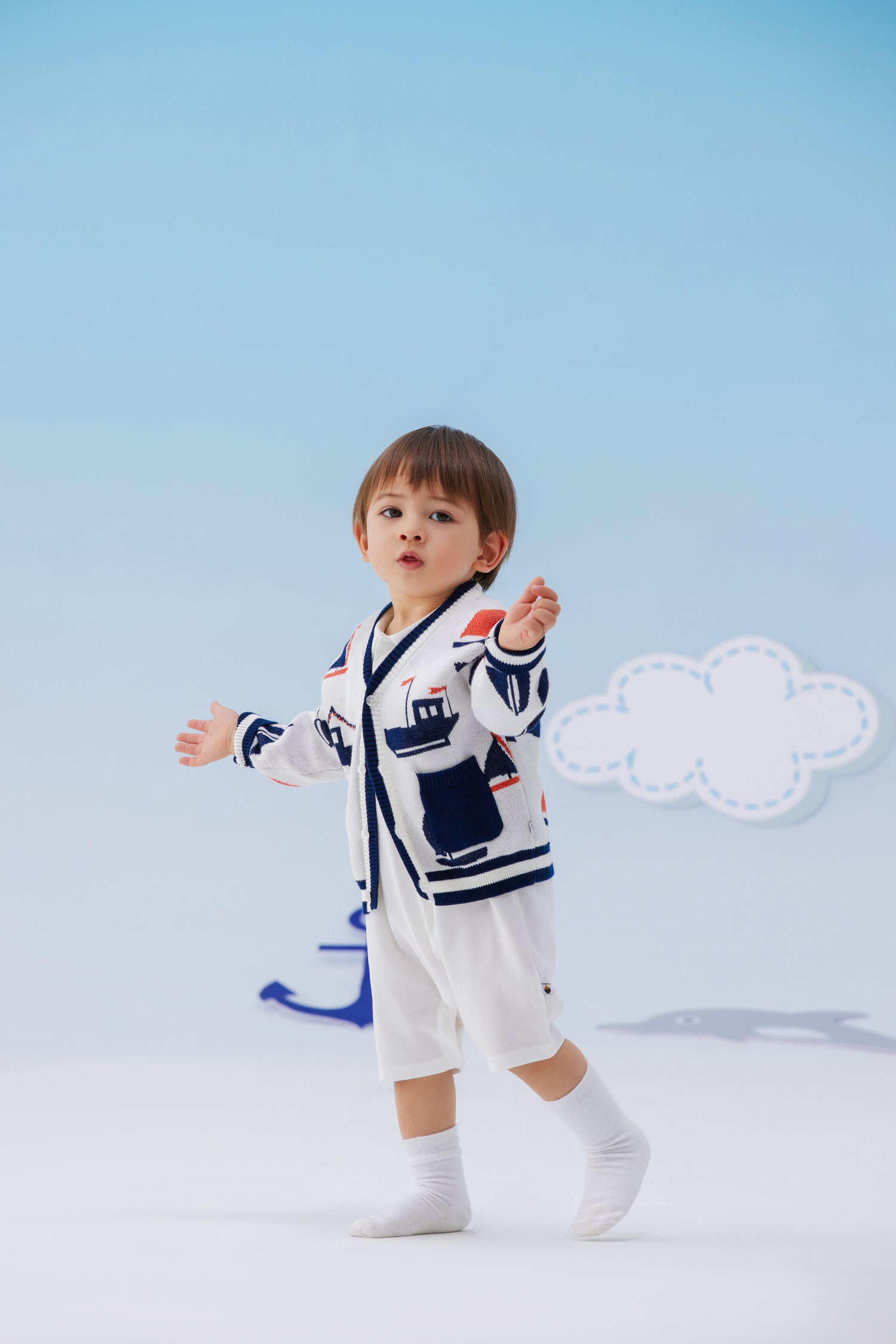 VAUVA Vauva SS24 - Baby Boy Sail Boat Pattern Long Sleeve Cardigan - White Bodysuit