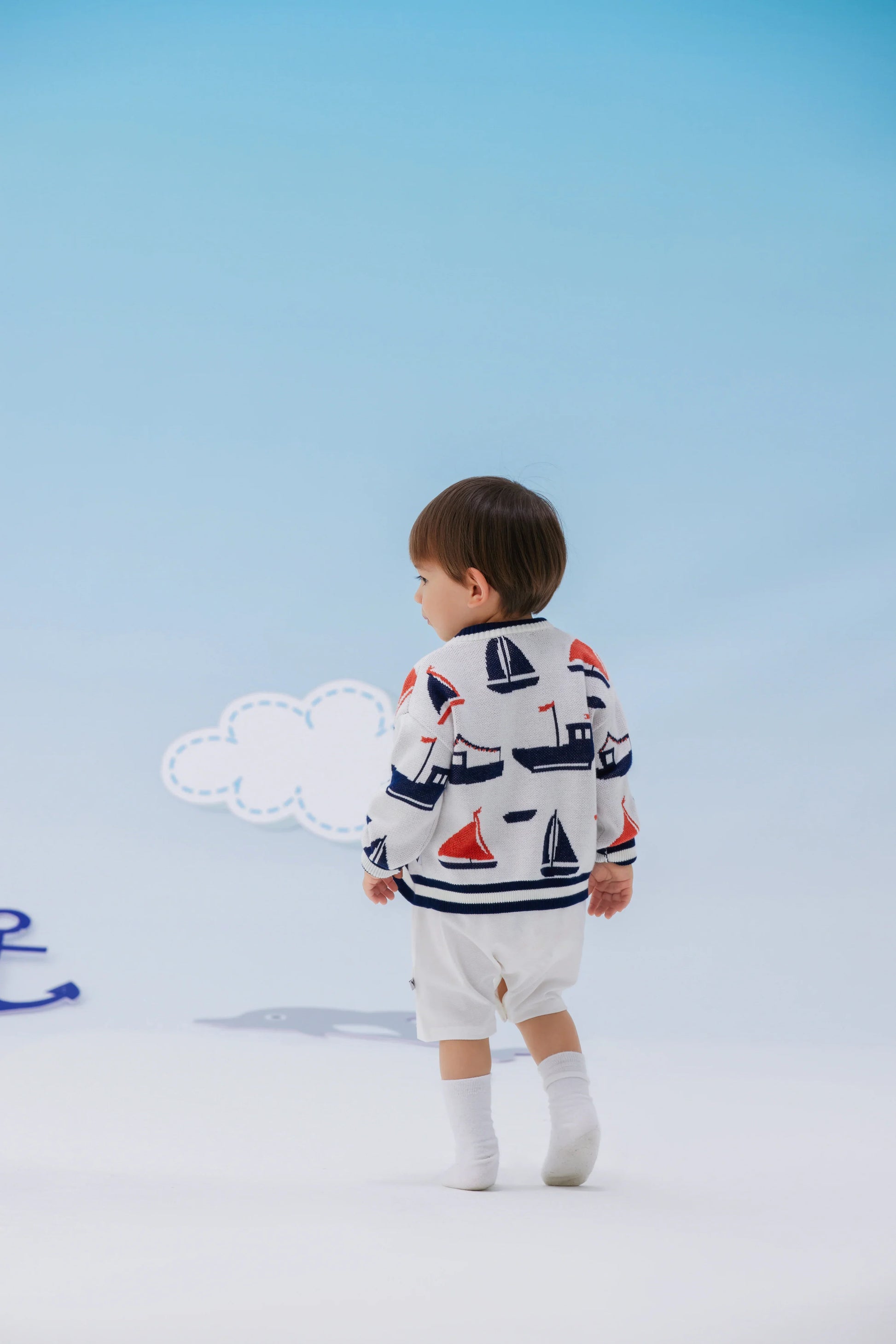 VAUVA Vauva SS24 - Baby Boy Sail Boat Pattern Long Sleeve Cardigan - White Bodysuit
