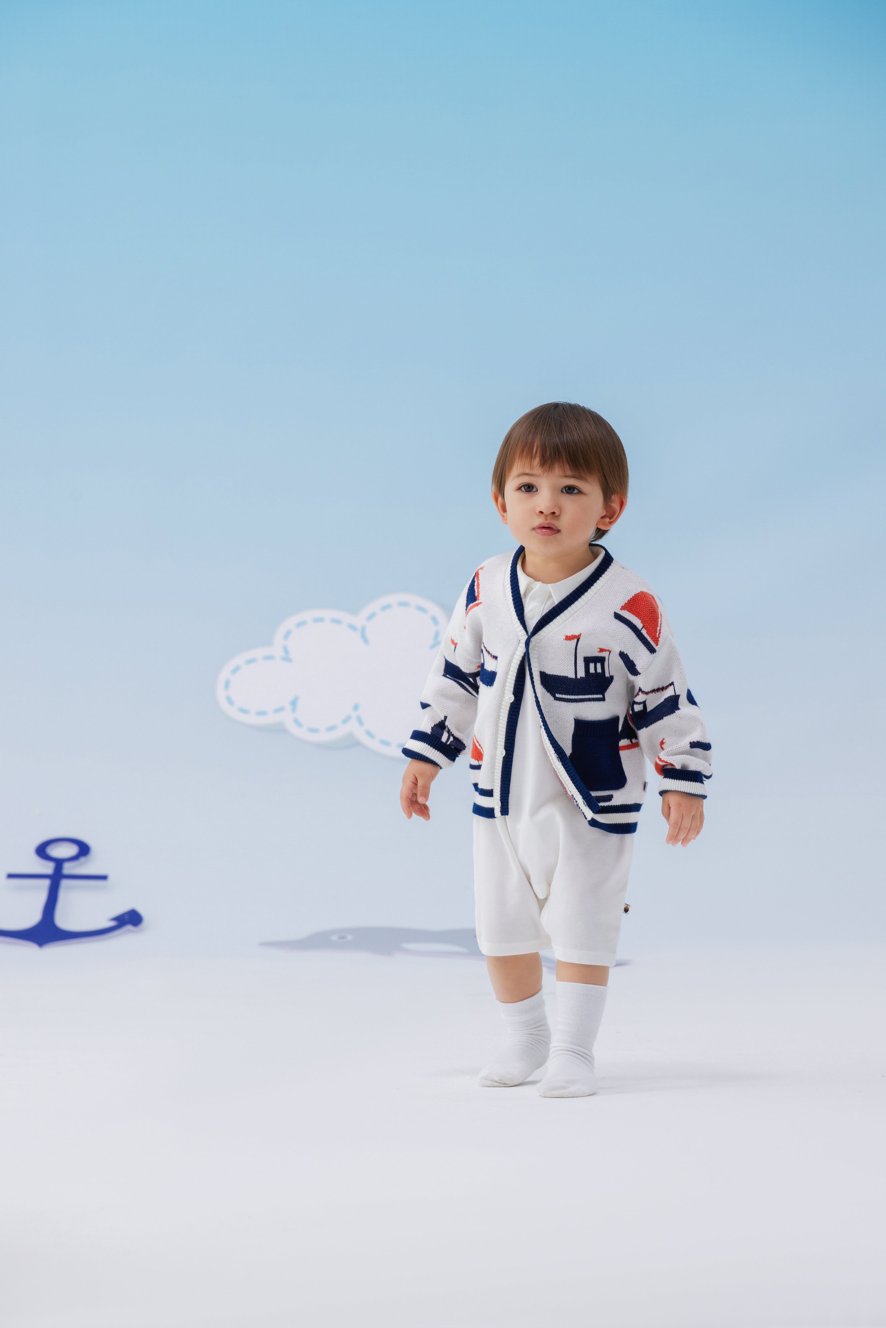 VAUVA Vauva SS24 - Baby Boy Sail Boat Pattern Long Sleeve Cardigan - White Bodysuit