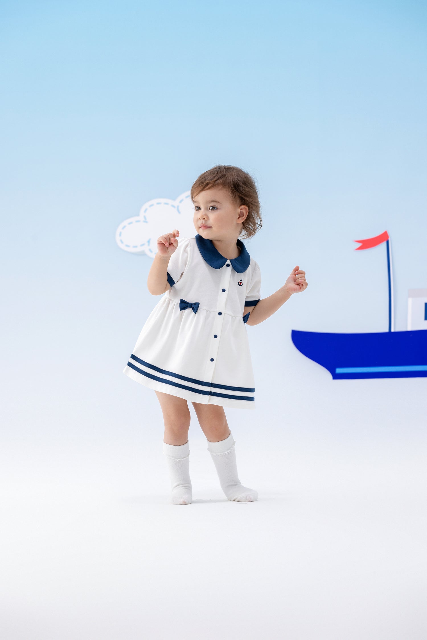 VAUVA Vauva SS24 - Baby Girl Sailor Hook Embroidered Shirt Dress (Blue) Dress