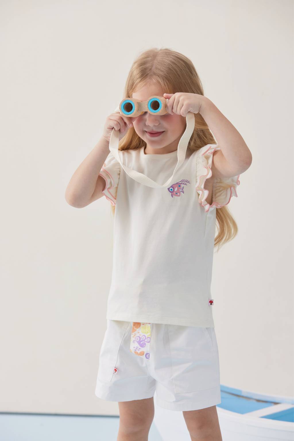 VAUVA Vauva SS24 - Toddler Girl Fish Embroidered Short Sleeve T-Shirt Top - White Top & Bottom Set