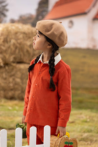 Vauva FW23 - Girls Red Apple Embroidered Collar Long Sleeve Shirt-model image side
