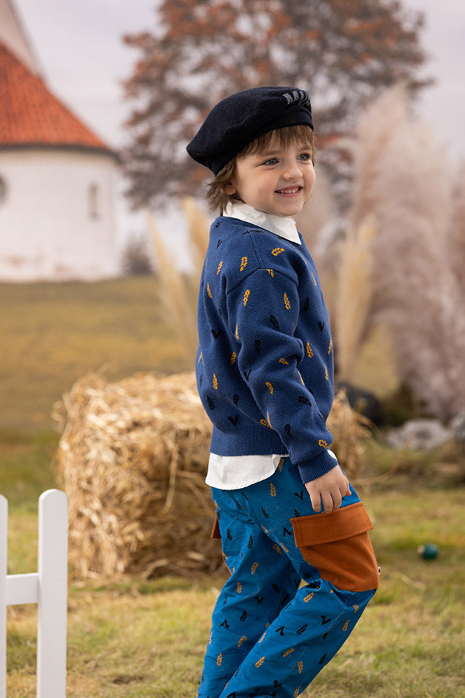 Vauva FW23 - Boys Embroidered Cotton Pullover (Blue)-model image side