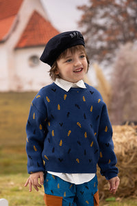Vauva FW23 - Boys Embroidered Cotton Pullover (Blue)-model image front