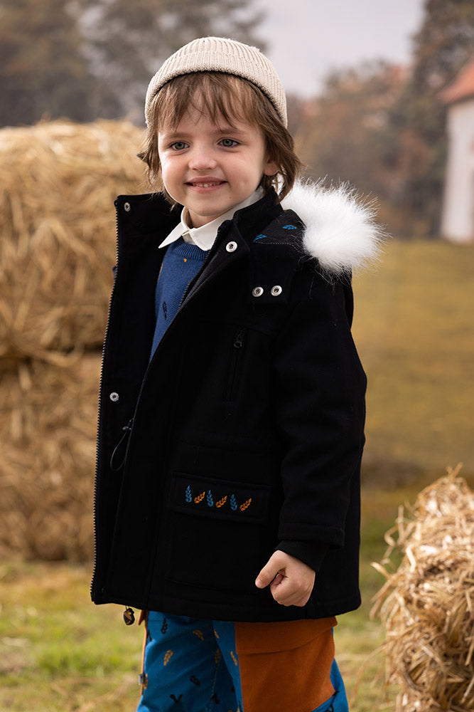 VAUVA Vauva FW23 - Boys Simple Embroidered Black Hooded Coat Coat &amp; Jacket