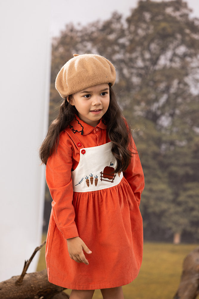 Vauva FW23 - Girls Happy Farm Printed Cotton Sleeves Dress-model image side