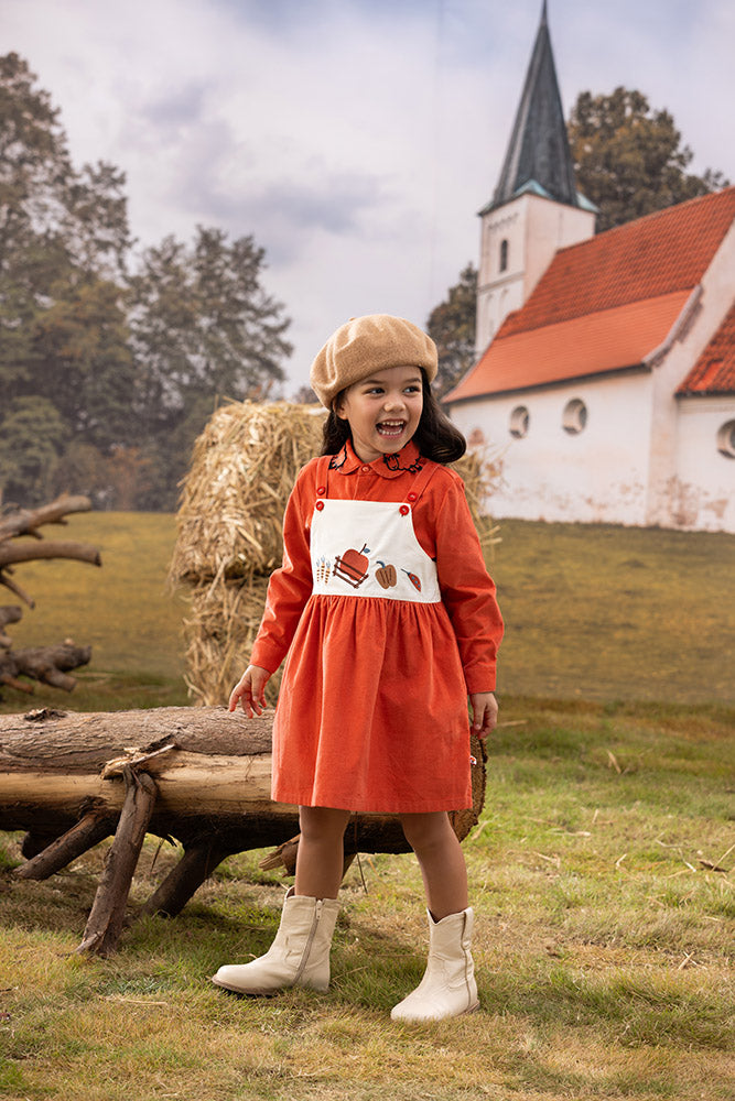 Vauva FW23 - Girls Happy Farm Printed Cotton Sleeves Dress-model image front