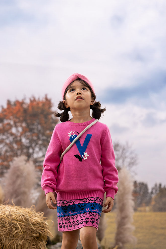 Vauva FW23 - Girls Rose Pink Printed Cotton Pullover