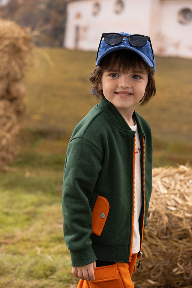 Vauva FW23 - Boys Zip Long Sleeve Jacket (Green/Orange)-model image side