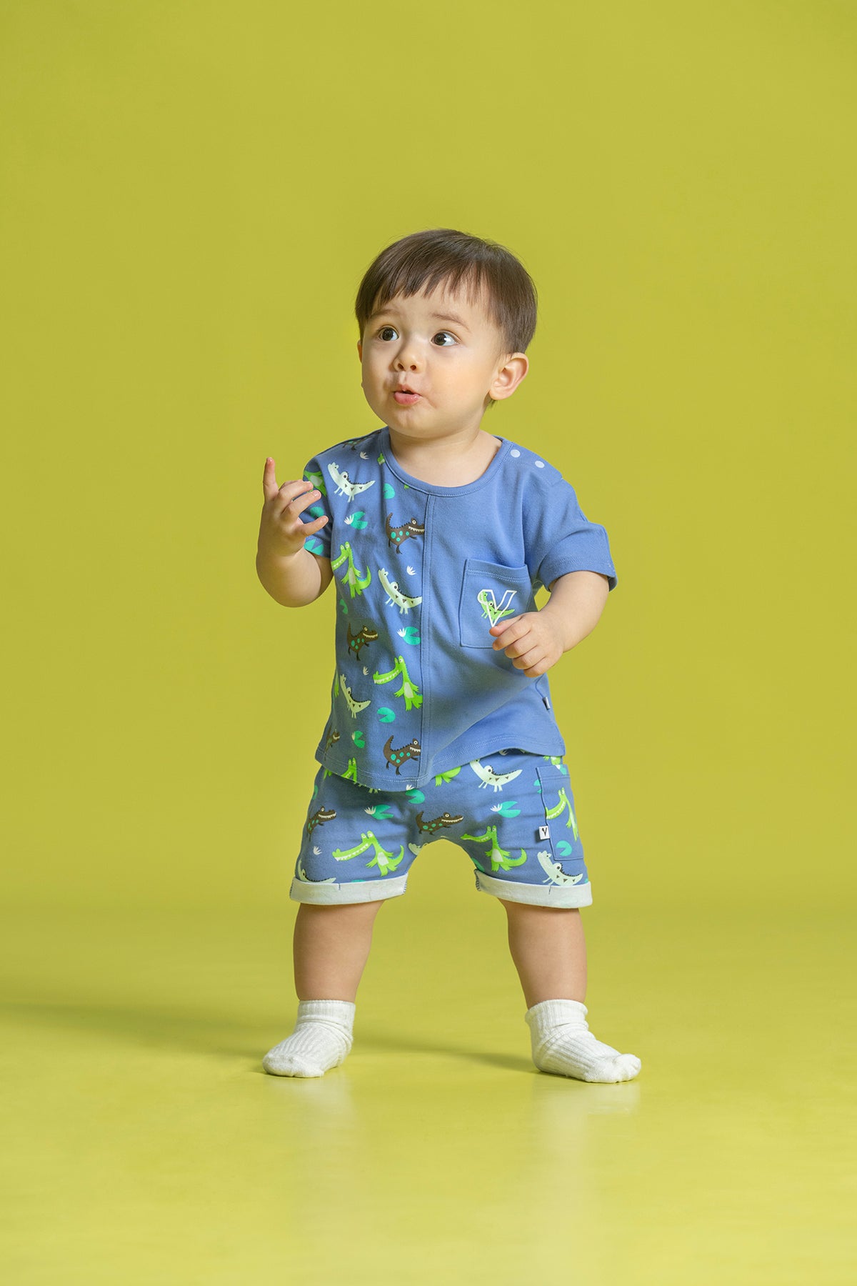 Vauva SS23 Safari - Baby Boys Crocodile Print Patchwork Cotton Short Sleeve T-shirt-model image front