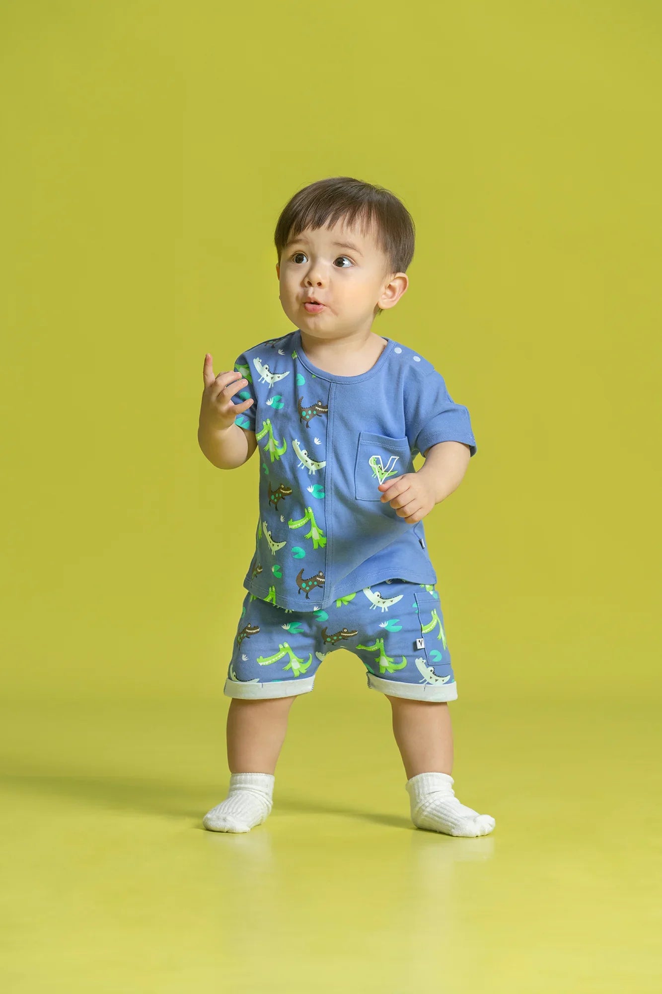 VAUVA Vauva SS23 Safari - Baby Boys Crocodile Print Patchwork Cotton Short Sleeve T-shirt Tops