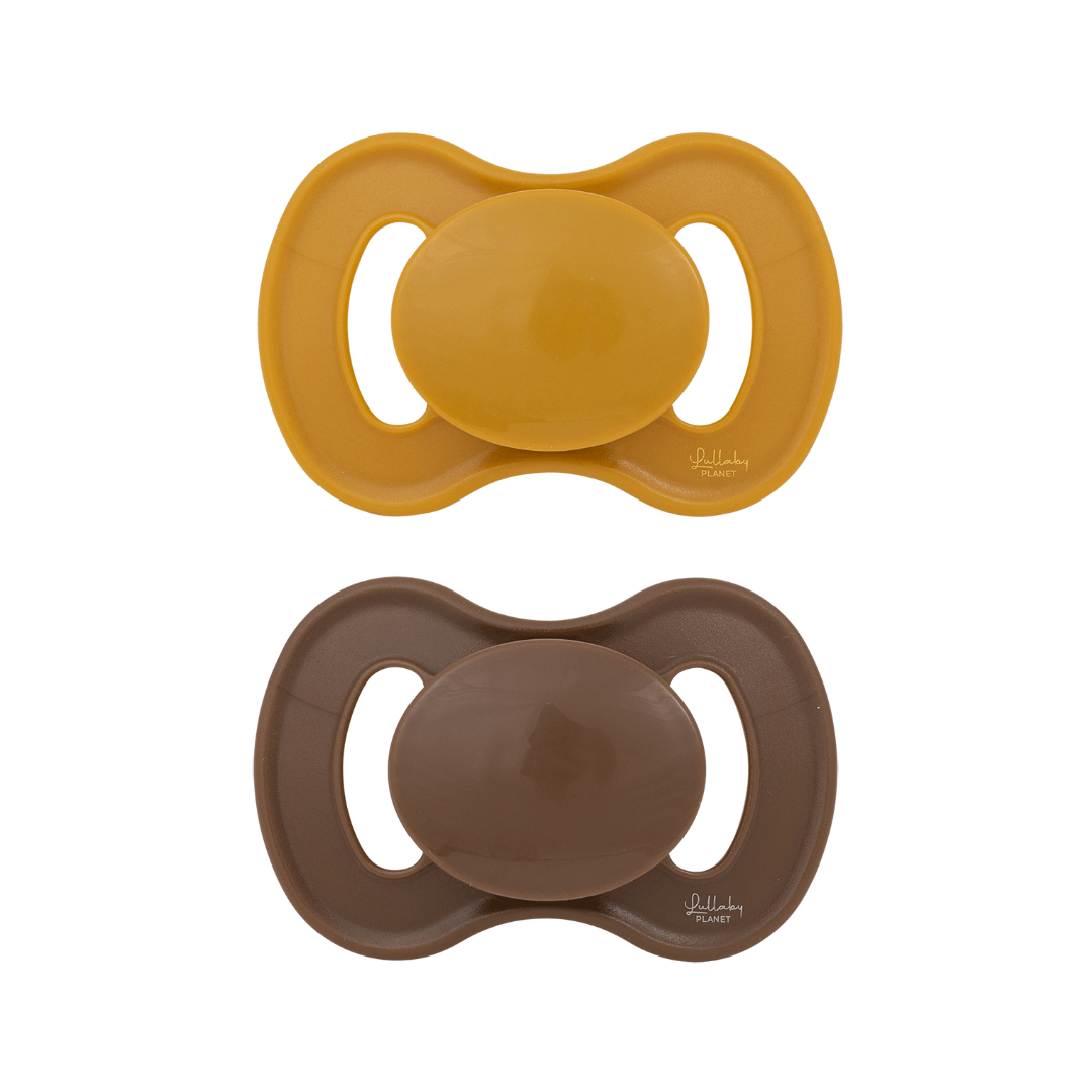 Lullaby Planet Lullaby Planet Dental Silicone Soothers Size 2 Honey Mustard &amp; Hazelnut Brown 2 pcs. Comforter &amp; teether