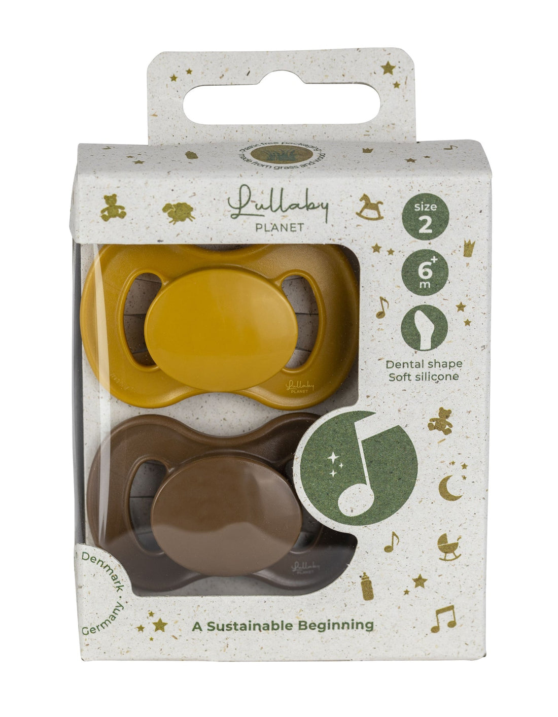 Lullaby Planet Lullaby Planet Dental Silicone Soothers Size 2 Honey Mustard &amp; Hazelnut Brown 2 pcs. Comforter &amp; teether