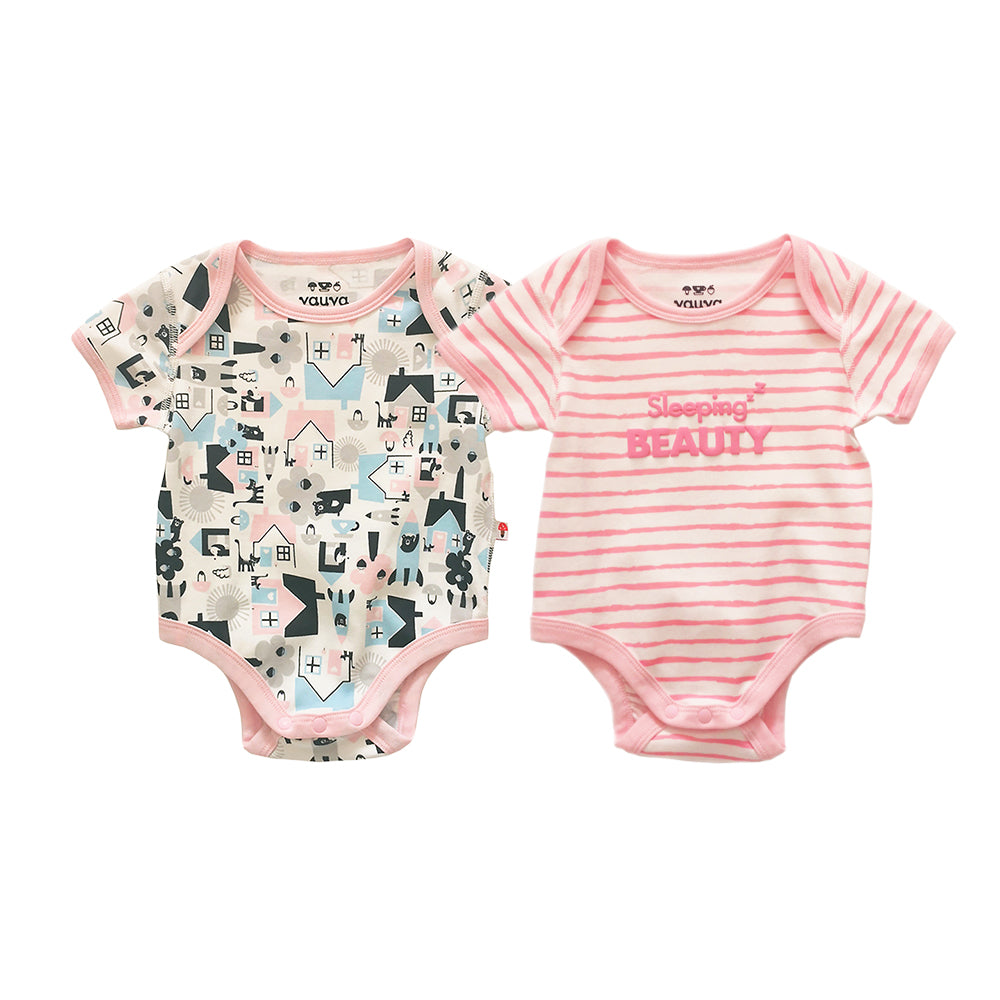 VAUVA Vauva Baby Organic Cotton Romper Set - Little House City &amp; Pink Stripes (1 SET 2 PCS) Bodysuit