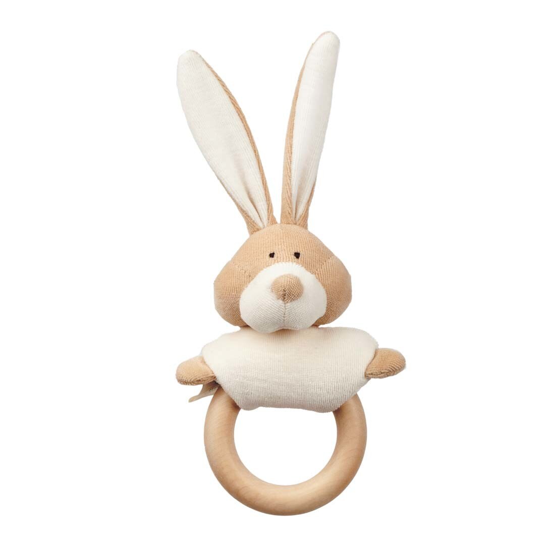 Wooly Organic Rattle with wooden teether - Bunny - My Little Korner