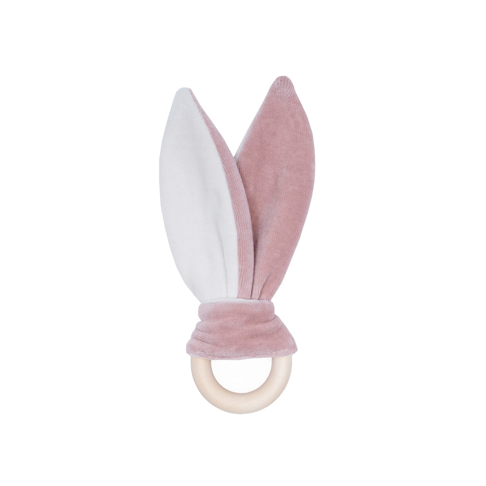 Wooly Organic Crinkle Bunny Ears with Wooden Ring - Pink - My Little Korner