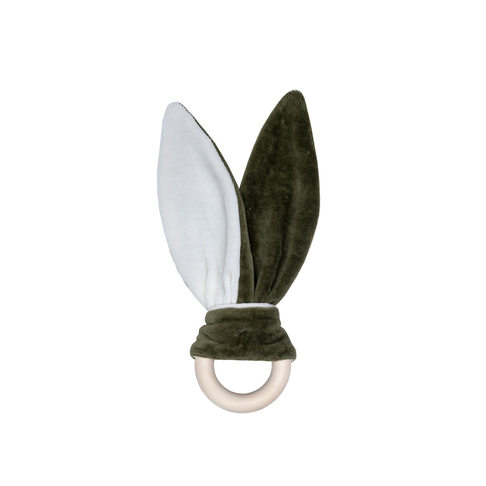 Wooly Organic Crinkle Bunny Ears with Wooden Ring - khaki - My Little Korner