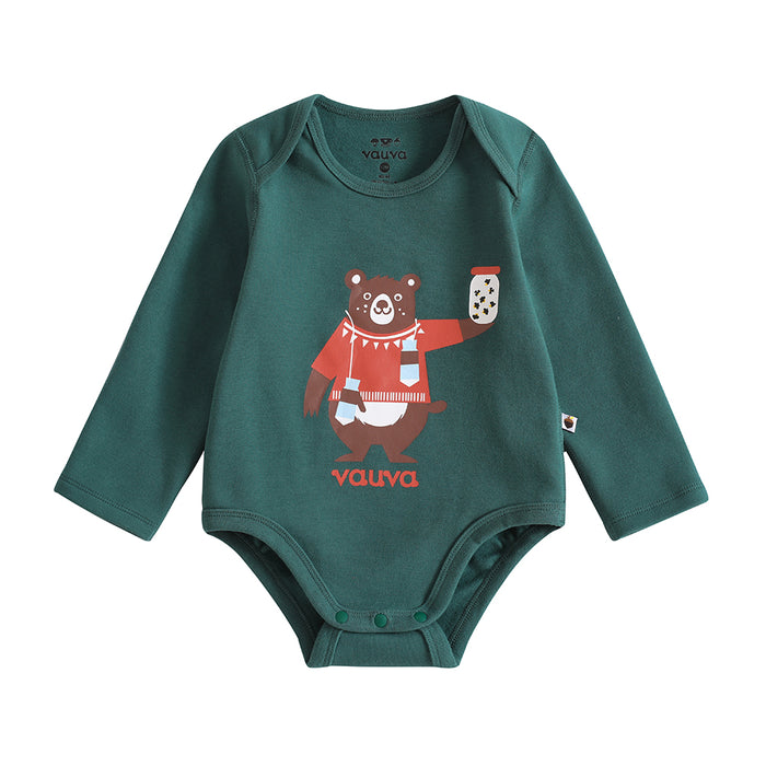 VAUVA Vauva 2022 Xmas Baby Bear Graphic Print Long Sleeves Bodysuit (Green) Bodysuit