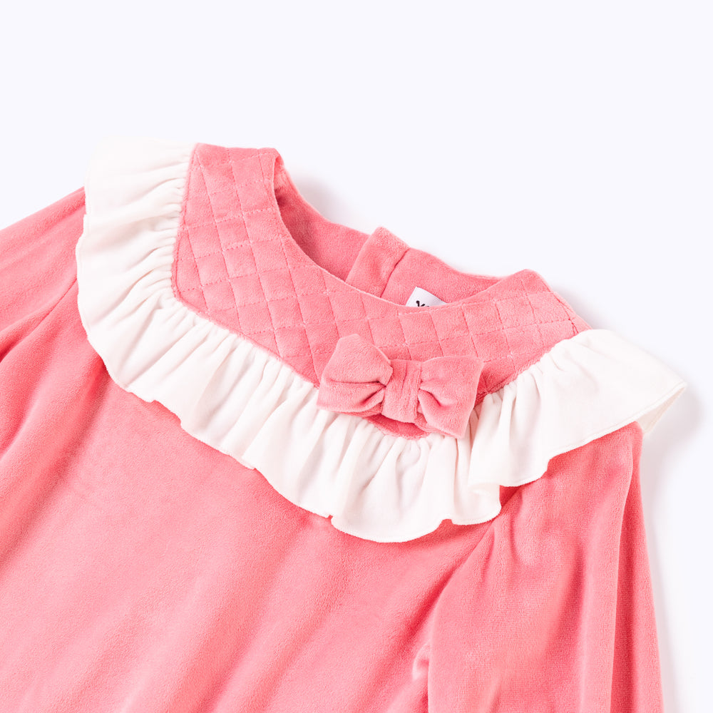 Vauva Girls Little Ribbon with Grid Velvet Pink One Piece Dress
