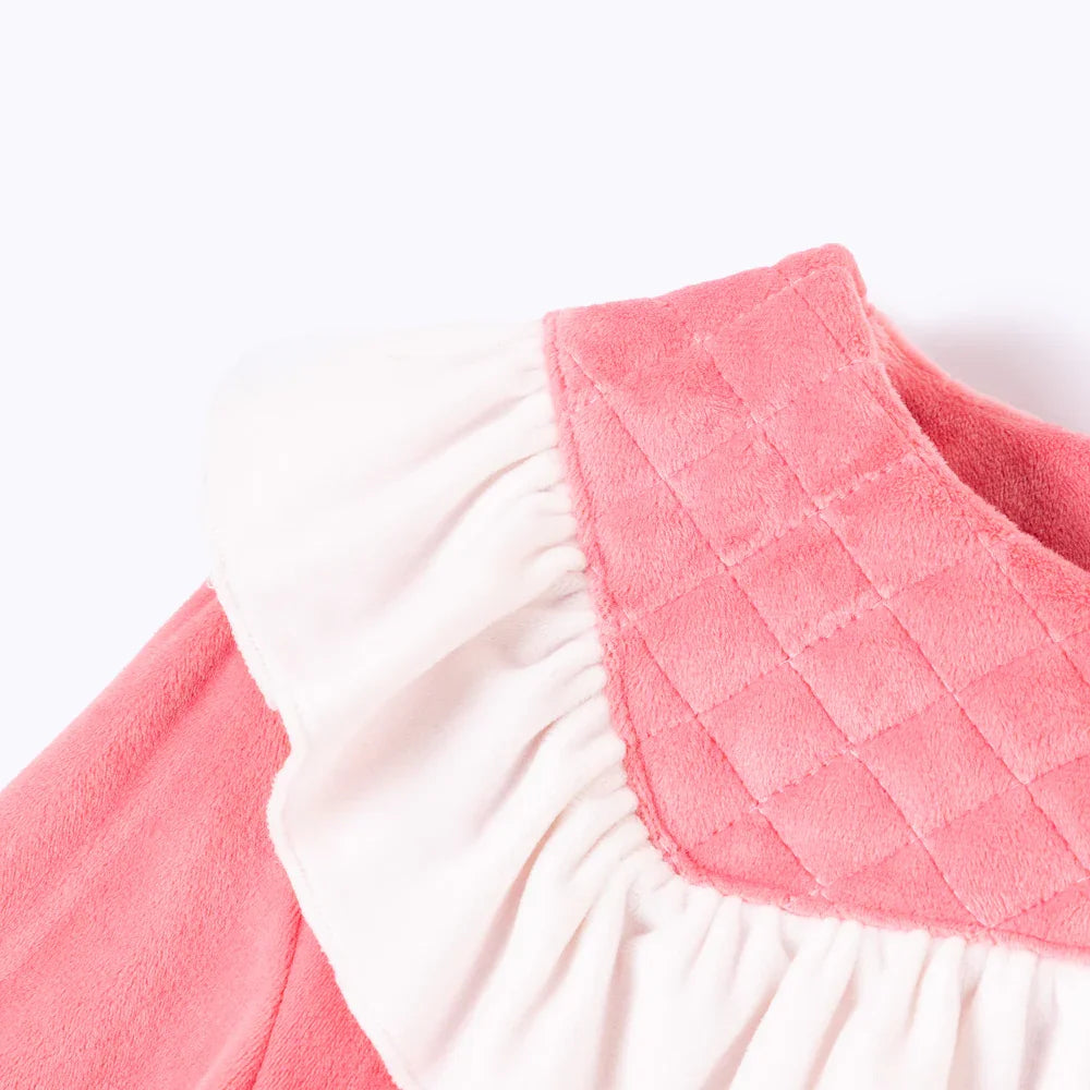 VAUVA Vauva Girls Little Ribbon with Grid Velvet Pink One Piece Dress Dress