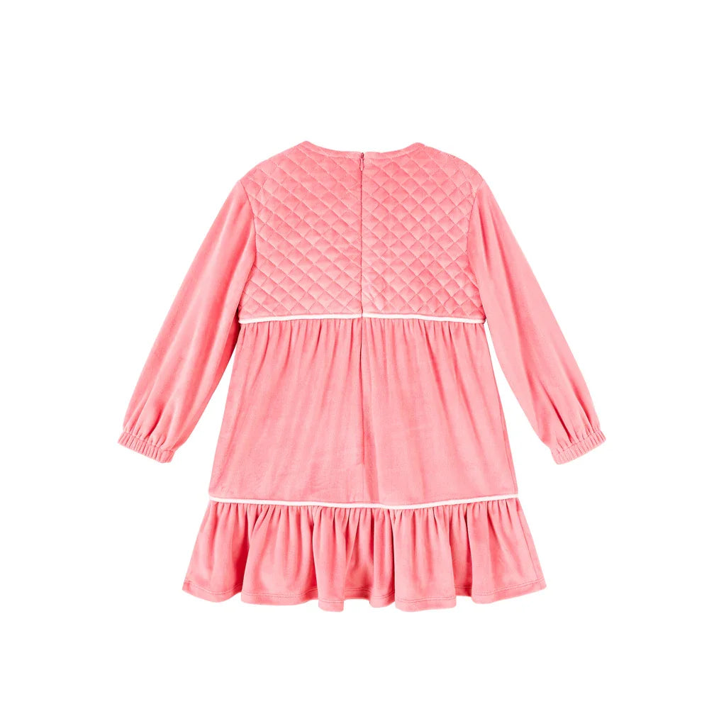 VAUVA Vauva Girls Patchwork Grid Velvet Pink One Piece Dress Dresses