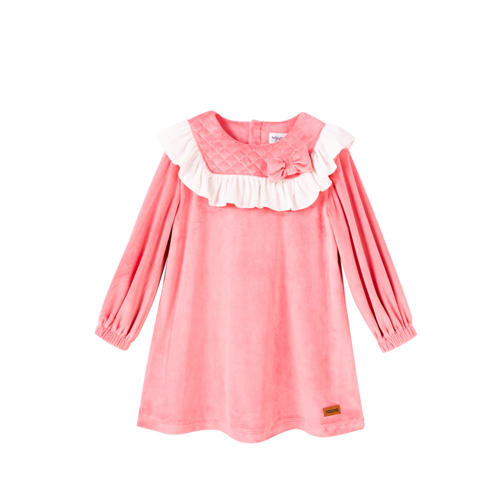 VAUVA Vauva Girls Little Ribbon with Grid Velvet Pink One Piece Dress Dress