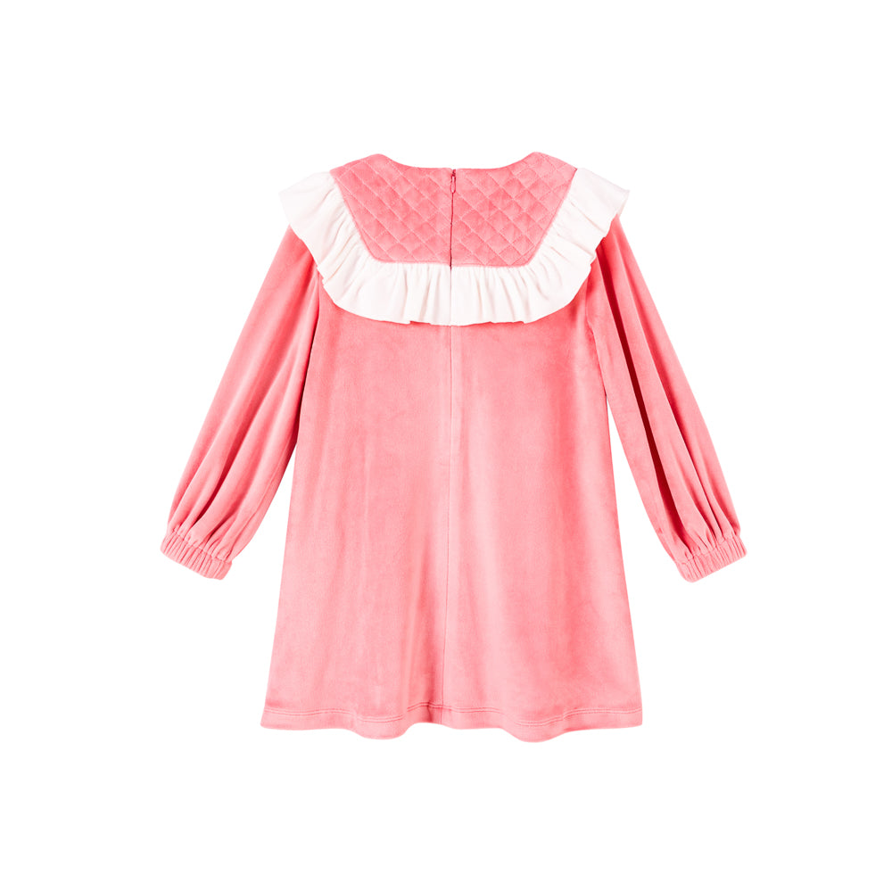 VAUVA Vauva Girls Little Ribbon with Grid Velvet Pink One Piece Dress Dress