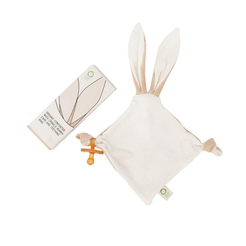Wooly Organic comforter with crinkle bunny ears and teething ring