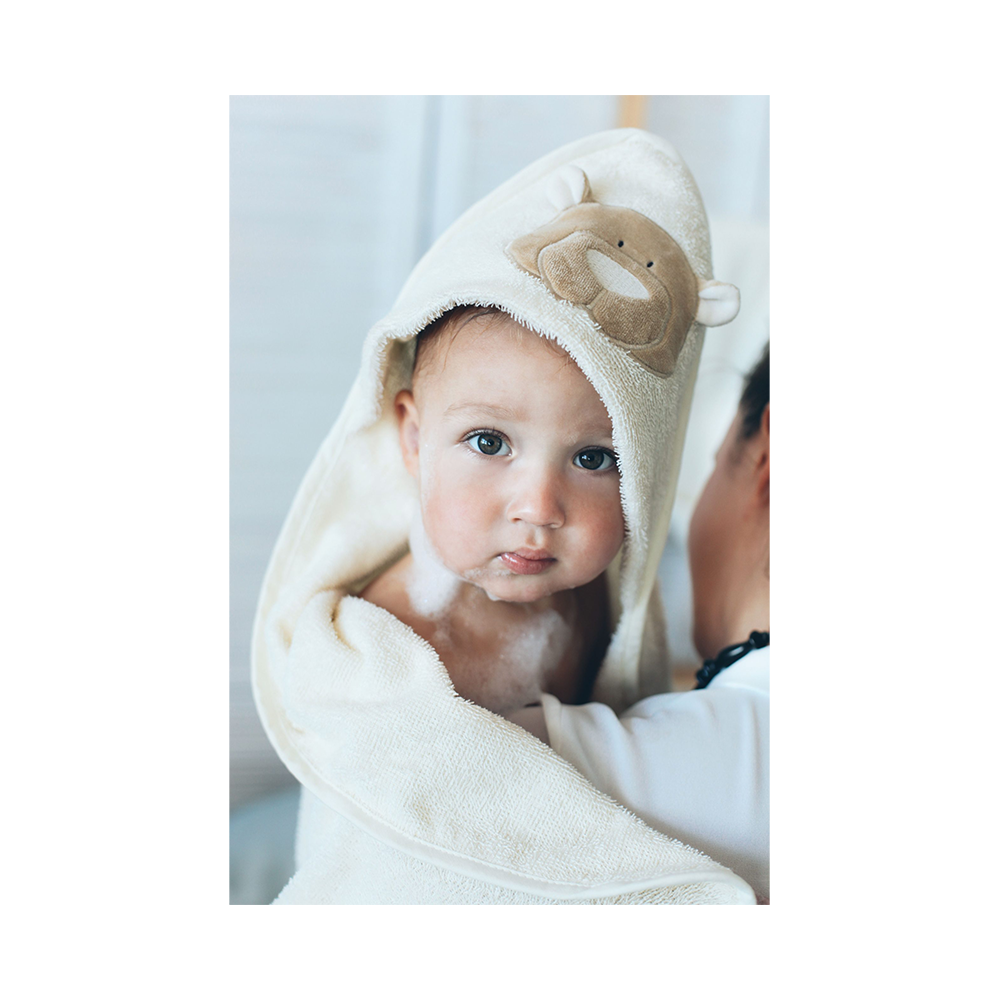 Wooly Organic Baby bath towel with hood – Teddy (75cmx75cm) creamy